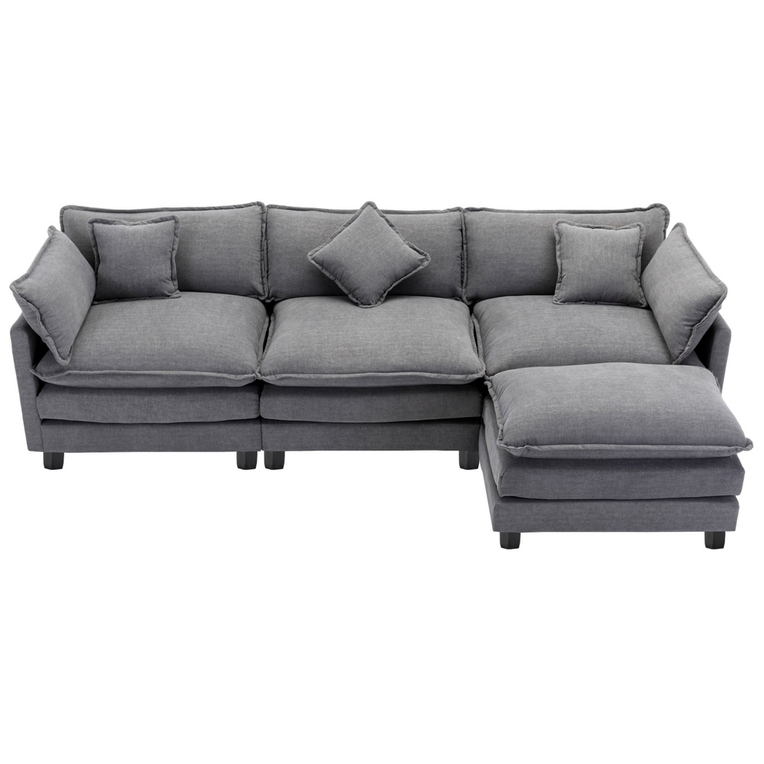 Boho Aesthetic 112.2" L-Shape Chenille Upholstered Sofa for Living Room Modern Luxury Sofa Couch with Ottoman, 5 Pillows, Gray | Biophilic Design Airbnb Decor Furniture 