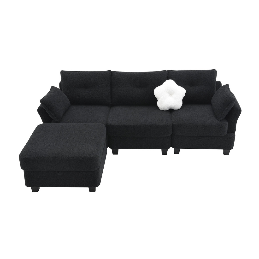Boho Aesthetic 92*63"Modern Teddy Velvet Sectional Sofa,Charging Ports on Each Side,L-shaped Couch with Storage Ottoman,4 seat Interior Furniture for Living Room, Apartment,3 Colors(3 pillows) | Biophilic Design Airbnb Decor Furniture 