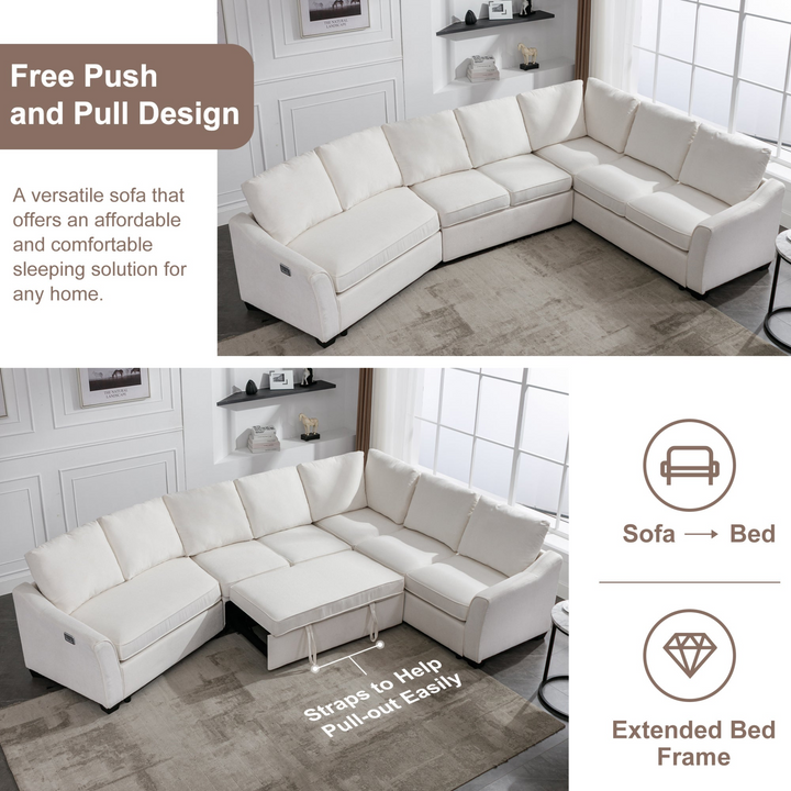 Boho Aesthetic 129.5" Sectional Sleeper Sofa with Pull-Out Bed Modern L-Shape Couch Bed with USB Charging Port for Living room, Bedroom, Beige | Biophilic Design Airbnb Decor Furniture 