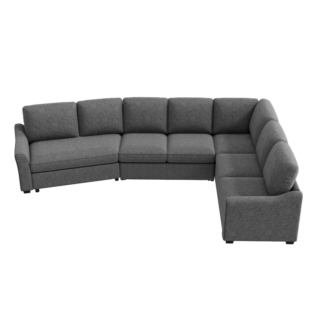 Boho Aesthetic 129.5" Sectional Sleeper Sofa with Pull-Out Bed Modern L-Shape Couch Bed with USB Charging Port for Living room, Bedroom, Gray | Biophilic Design Airbnb Decor Furniture 