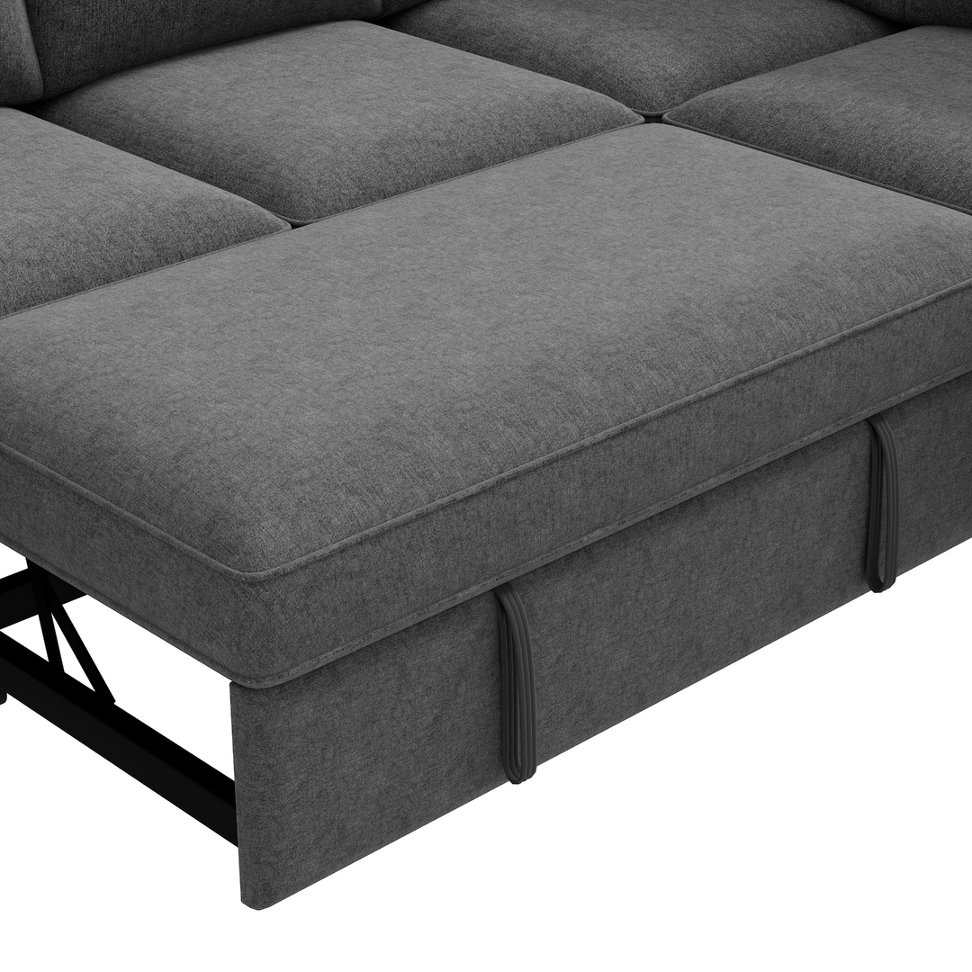 Boho Aesthetic 129.5" Sectional Sleeper Sofa with Pull-Out Bed Modern L-Shape Couch Bed with USB Charging Port for Living room, Bedroom, Gray | Biophilic Design Airbnb Decor Furniture 