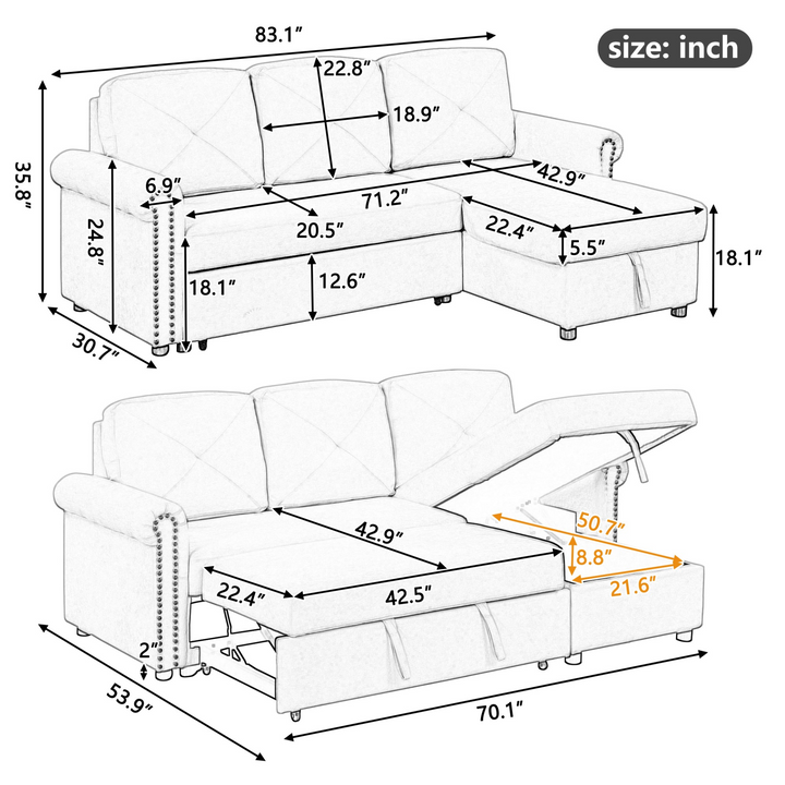 Boho Aesthetic 83" Modern Convertible Sleeper Sofa Bed with Storage Chaise,Beige | Biophilic Design Airbnb Decor Furniture 