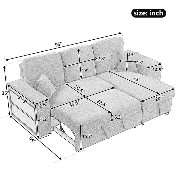 Boho Aesthetic Reversible Sleeper Sectional Sofa Bed with Side Shelf and 2 Stools,Pull-Out L-Shaped Sofa Bed,Corner Sofa-Bed with Storage Chaise Left/Right Hande for Living Room,Knox Charcoal | Biophilic Design Airbnb Decor Furniture 