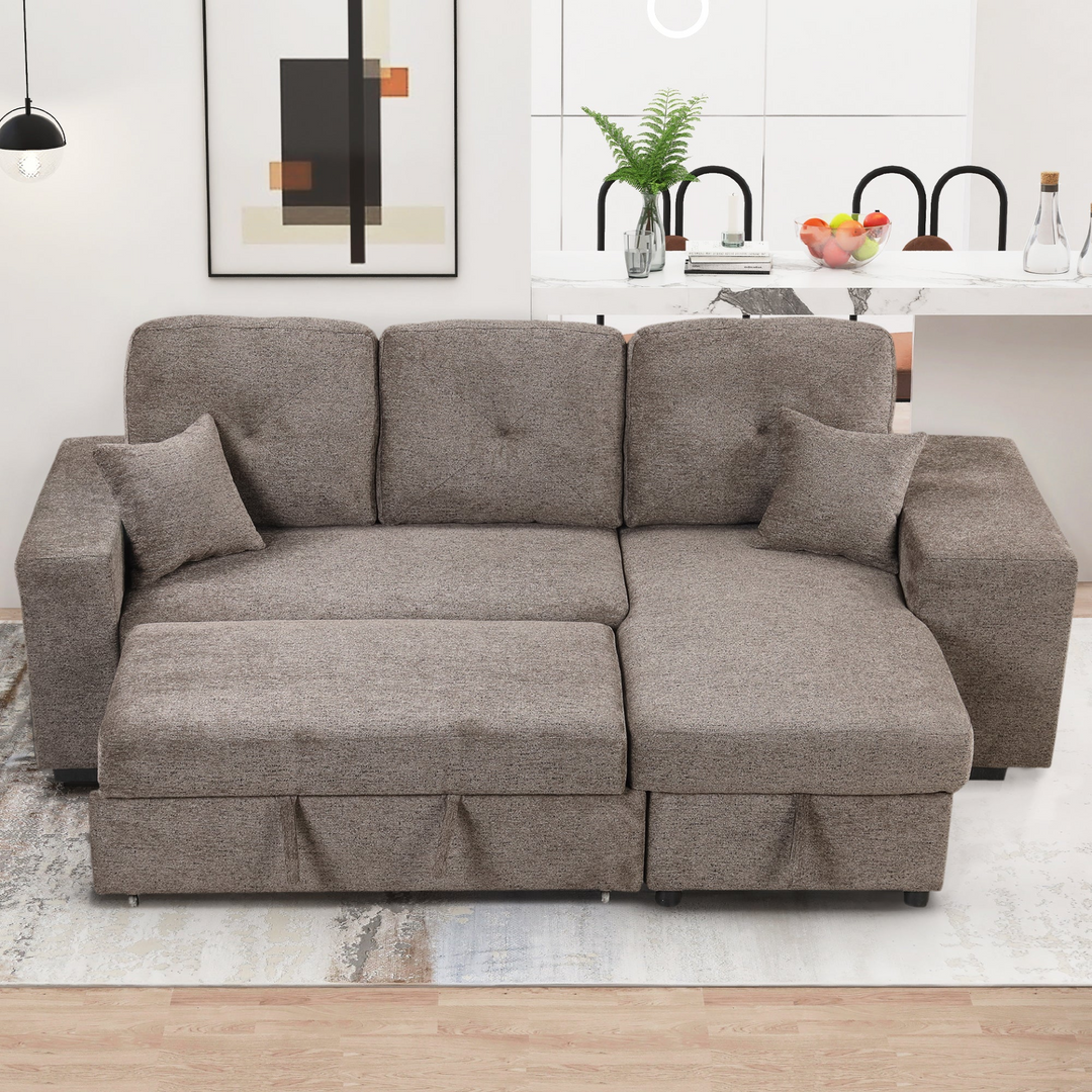 Boho Aesthetic Reversible Sleeper Sectional Sofa Bed with Side Shelf and 2 Stools,Pull-Out L-Shaped Sofa Bed,Corner Sofa-Bed with Storage Chaise Left/Right Hande for Living Room,Knox Charcoal | Biophilic Design Airbnb Decor Furniture 