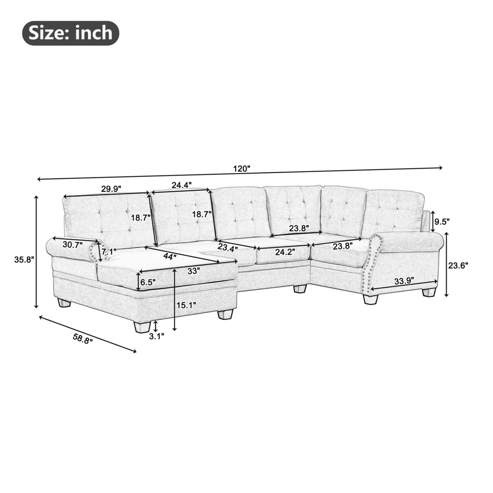 Boho Aesthetic Modern U-Shaped Corner Sectional Sofa Upholstered Linen Fabric Sofa Couch for Living Room, Bedroom, Gray | Biophilic Design Airbnb Decor Furniture 