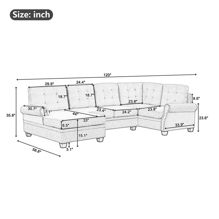 Boho Aesthetic Modern U-Shaped Corner Sectional Sofa Upholstered Linen Fabric Sofa Couch for Living Room, Bedroom, Gray | Biophilic Design Airbnb Decor Furniture 