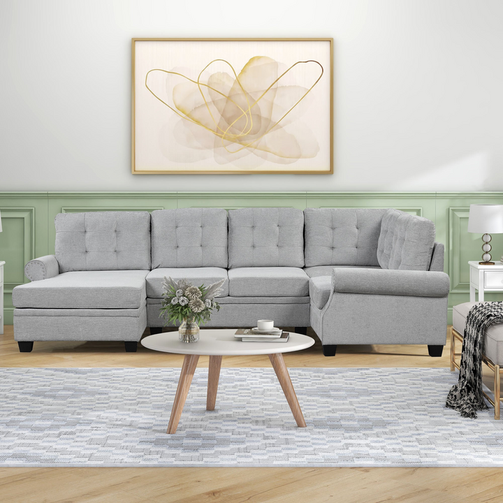 Boho Aesthetic Modern U-Shaped Corner Sectional Sofa Upholstered Linen Fabric Sofa Couch for Living Room, Bedroom, Gray | Biophilic Design Airbnb Decor Furniture 