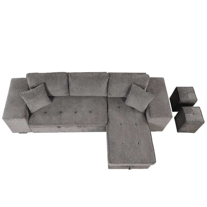 Boho Aesthetic 104" Modern L-Shape 3 Seat Reversible Sectional Couch, Pull Out Sleeper Sofa with Storage Chaise and 2 Stools for Living Room Furniture Set,Knox Charcoal | Biophilic Design Airbnb Decor Furniture 
