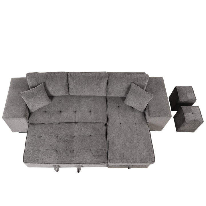 Boho Aesthetic 104" Modern L-Shape 3 Seat Reversible Sectional Couch, Pull Out Sleeper Sofa with Storage Chaise and 2 Stools for Living Room Furniture Set,Knox Charcoal | Biophilic Design Airbnb Decor Furniture 