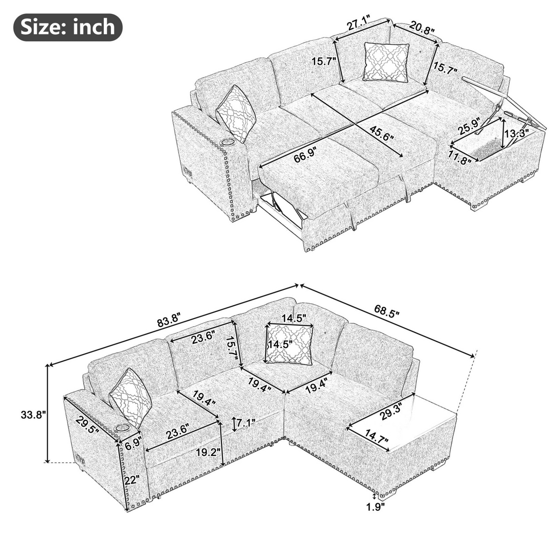 Boho Aesthetic 83.8" Sectional Pull-Out Sofa Bed L-Shaped Corner Sofa Couch with Storage Chaise, USB Ports, Power Sockets, Cup Holder for Living Room, Bedroom, Study, Light Gray | Biophilic Design Airbnb Decor Furniture 