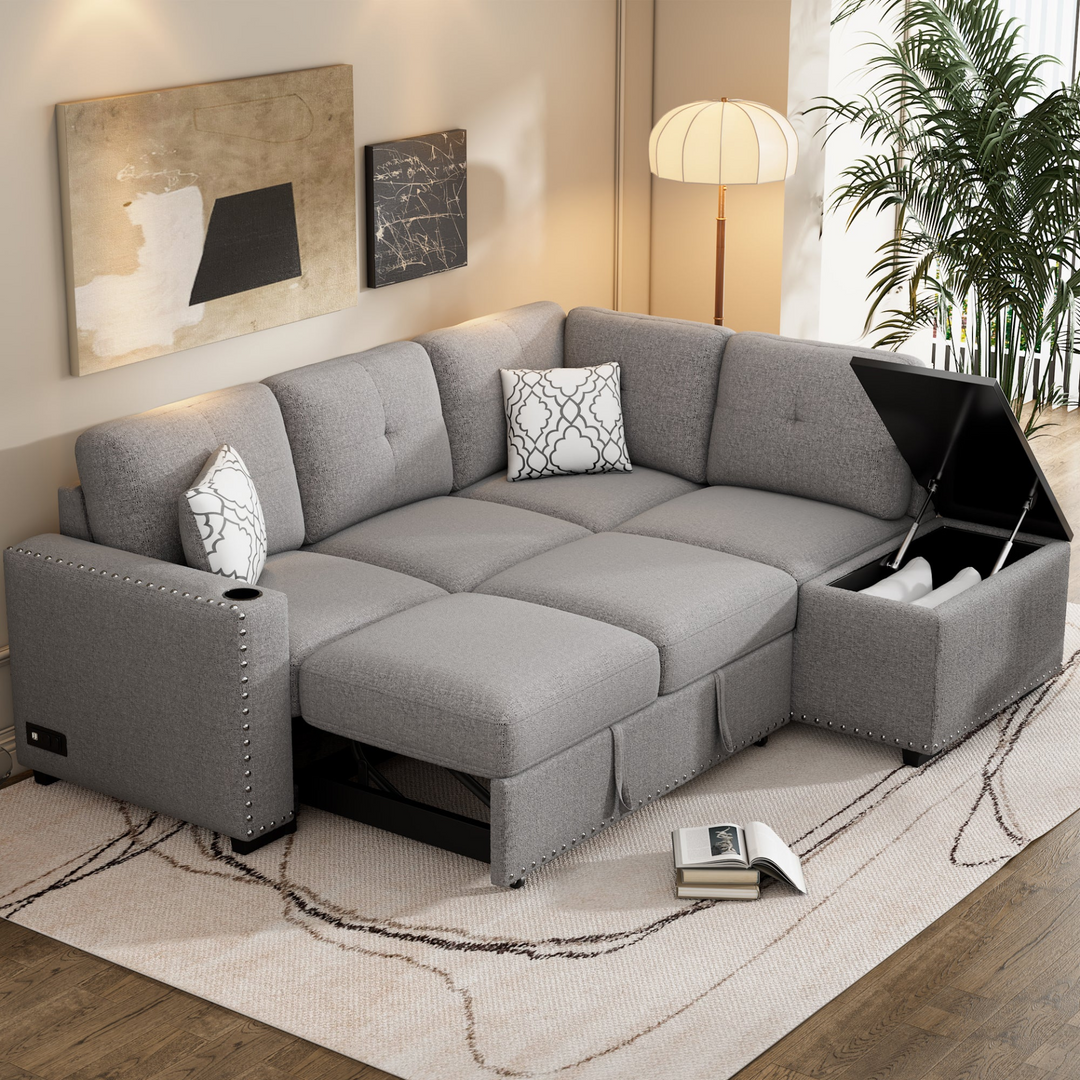 Boho Aesthetic 83.8" Sectional Pull-Out Sofa Bed L-Shaped Corner Sofa Couch with Storage Chaise, USB Ports, Power Sockets, Cup Holder for Living Room, Bedroom, Study, Light Gray | Biophilic Design Airbnb Decor Furniture 