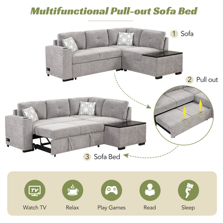 Boho Aesthetic 83.8" Sectional Pull-Out Sofa Bed L-Shaped Corner Sofa Couch with Storage Chaise, USB Ports, Power Sockets, Cup Holder for Living Room, Bedroom, Study, Light Gray | Biophilic Design Airbnb Decor Furniture 