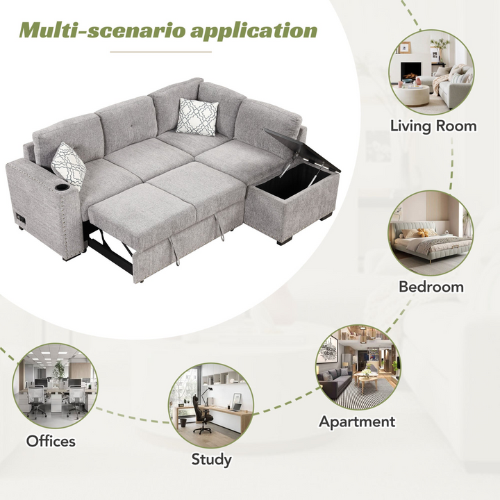 Boho Aesthetic 83.8" Sectional Pull-Out Sofa Bed L-Shaped Corner Sofa Couch with Storage Chaise, USB Ports, Power Sockets, Cup Holder for Living Room, Bedroom, Study, Light Gray | Biophilic Design Airbnb Decor Furniture 