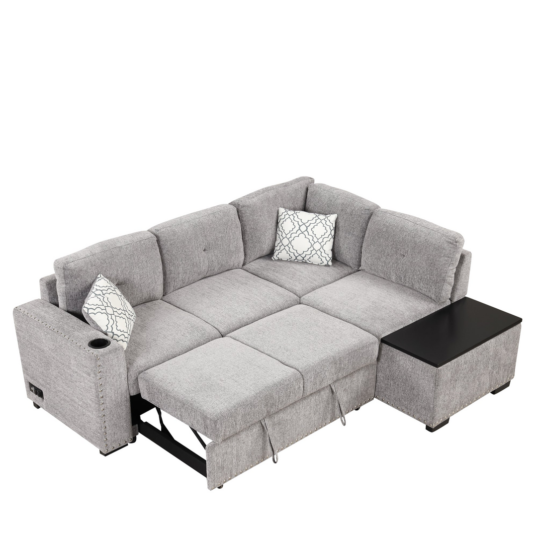 Boho Aesthetic 83.8" Sectional Pull-Out Sofa Bed L-Shaped Corner Sofa Couch with Storage Chaise, USB Ports, Power Sockets, Cup Holder for Living Room, Bedroom, Study, Light Gray | Biophilic Design Airbnb Decor Furniture 