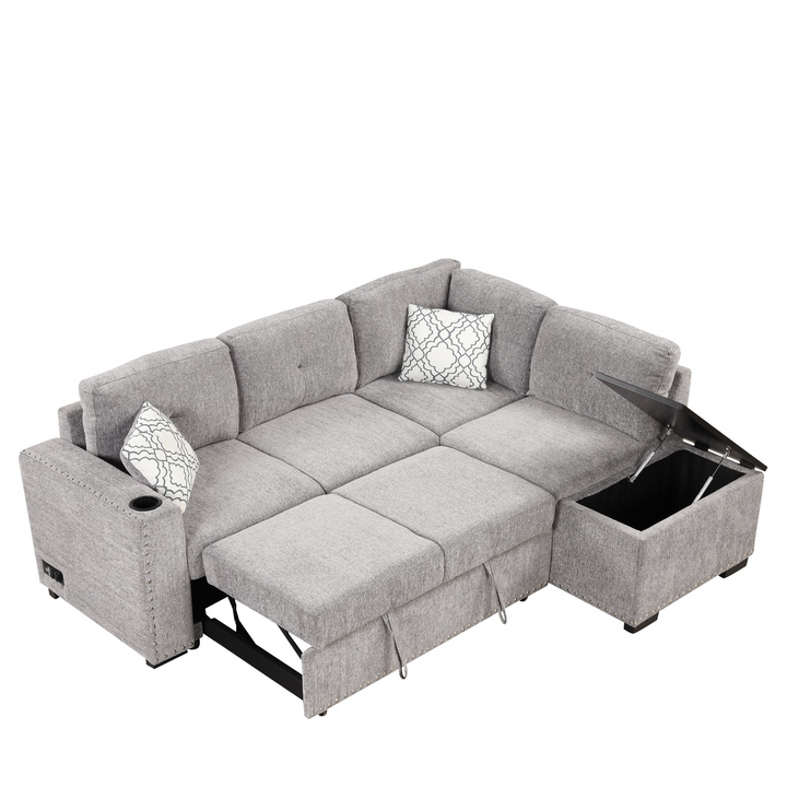 Boho Aesthetic 83.8" Sectional Pull-Out Sofa Bed L-Shaped Corner Sofa Couch with Storage Chaise, USB Ports, Power Sockets, Cup Holder for Living Room, Bedroom, Study, Light Gray | Biophilic Design Airbnb Decor Furniture 