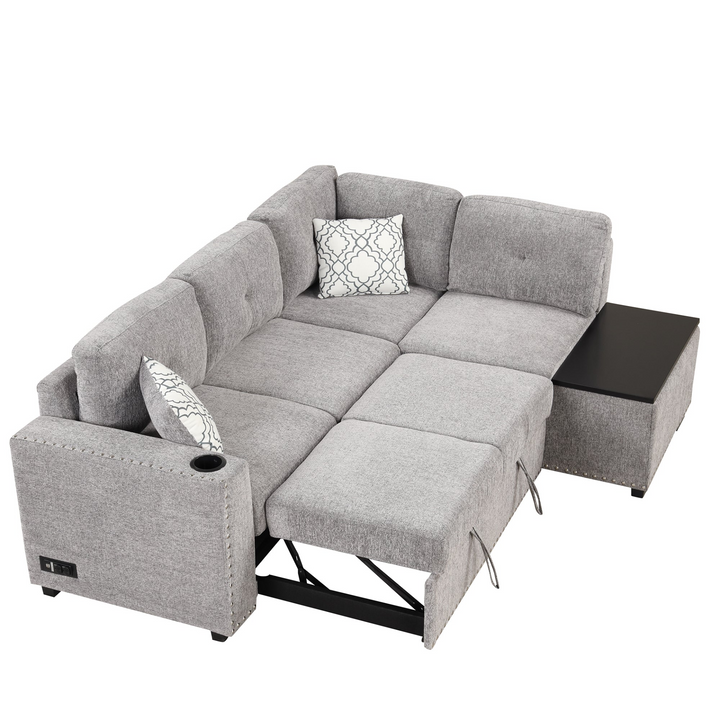 Boho Aesthetic 83.8" Sectional Pull-Out Sofa Bed L-Shaped Corner Sofa Couch with Storage Chaise, USB Ports, Power Sockets, Cup Holder for Living Room, Bedroom, Study, Light Gray | Biophilic Design Airbnb Decor Furniture 