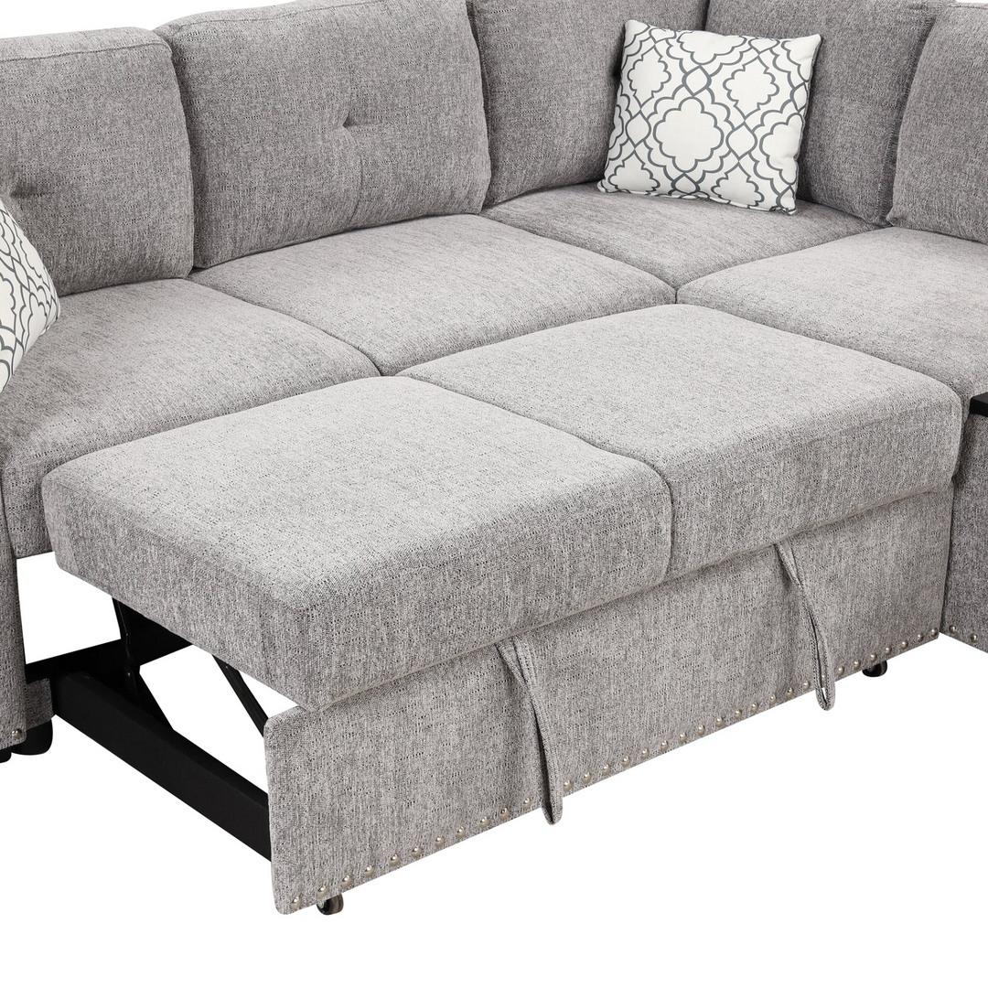 Boho Aesthetic 83.8" Sectional Pull-Out Sofa Bed L-Shaped Corner Sofa Couch with Storage Chaise, USB Ports, Power Sockets, Cup Holder for Living Room, Bedroom, Study, Light Gray | Biophilic Design Airbnb Decor Furniture 