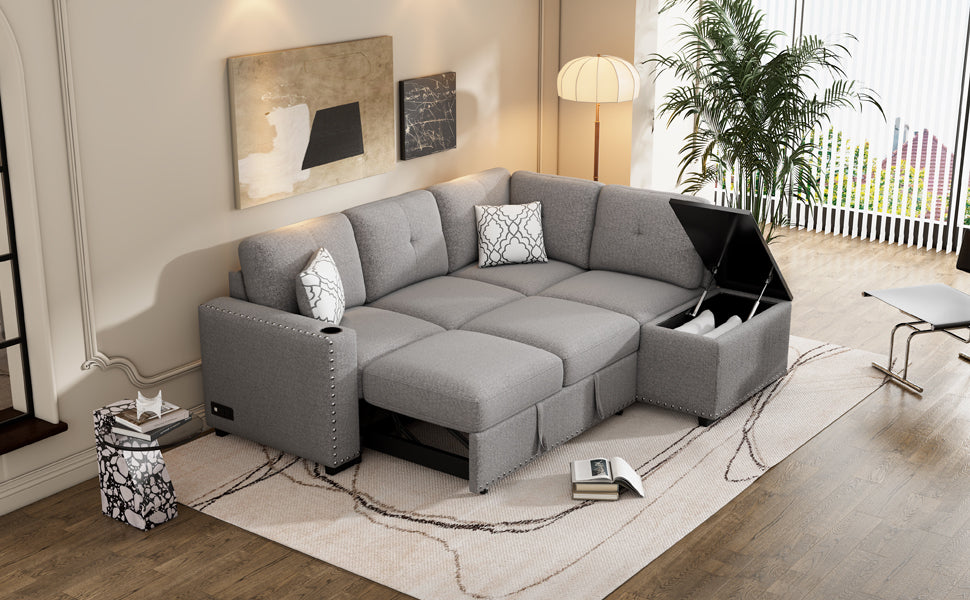 Boho Aesthetic 83.8" Sectional Pull-Out Sofa Bed L-Shaped Corner Sofa Couch with Storage Chaise, USB Ports, Power Sockets, Cup Holder for Living Room, Bedroom, Study, Light Gray | Biophilic Design Airbnb Decor Furniture 