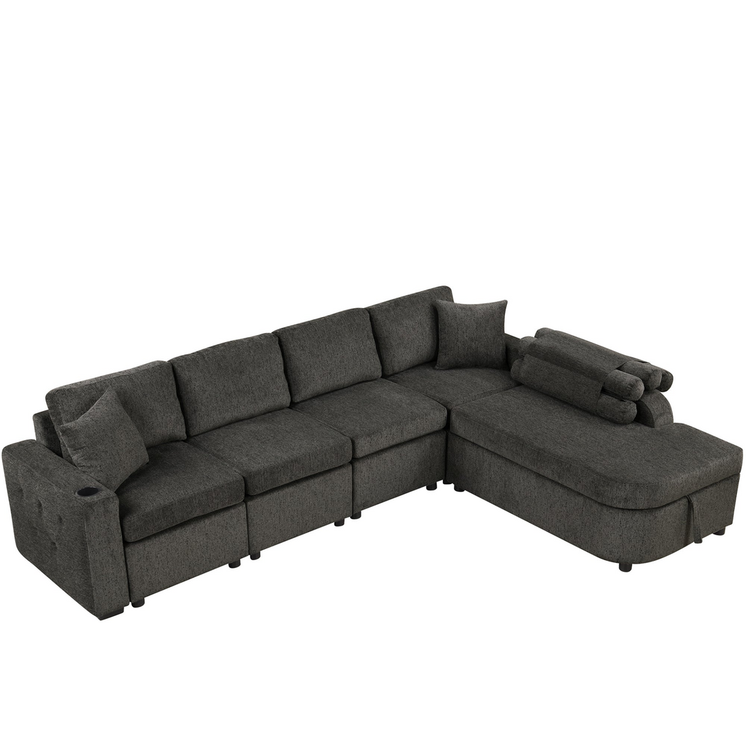 Boho Aesthetic 109.8"L-shaped Couch Sectional Sofa with Storage Chaise,Cup Holder and USB Ports for Living Room, Black | Biophilic Design Airbnb Decor Furniture 