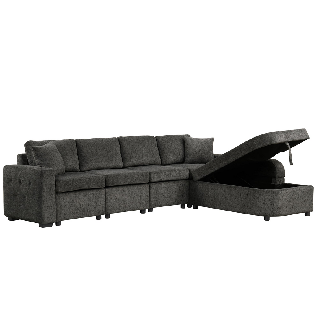 Boho Aesthetic 109.8"L-shaped Couch Sectional Sofa with Storage Chaise,Cup Holder and USB Ports for Living Room, Black | Biophilic Design Airbnb Decor Furniture 