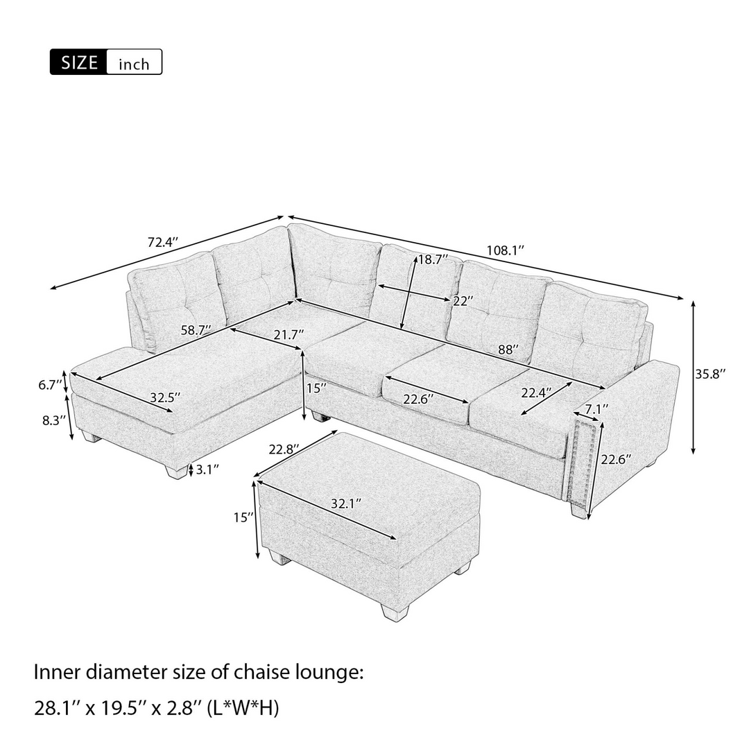 Boho Aesthetic Reversible Sectional Sofa Space Saving with Storage Ottoman Rivet Ornament L-shape Couch for Large Space Dorm Apartment | Biophilic Design Airbnb Decor Furniture 