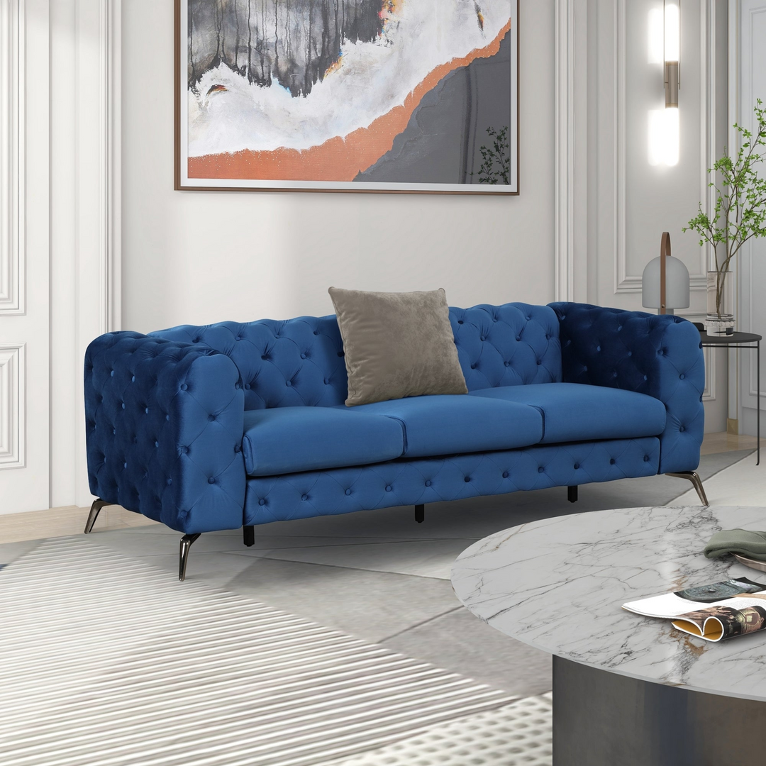 Boho Aesthetic 85.5" Velvet Upholstered Sofa with Sturdy Metal Legs,Modern Sofa Couch with Button Tufted Back, 3 Seater Sofa Couch for Living Room,Apartment,Home Office,Blue | Biophilic Design Airbnb Decor Furniture 