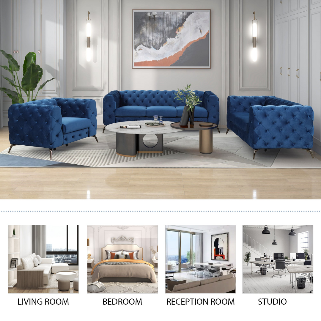 Boho Aesthetic 85.5" Velvet Upholstered Sofa with Sturdy Metal Legs,Modern Sofa Couch with Button Tufted Back, 3 Seater Sofa Couch for Living Room,Apartment,Home Office,Blue | Biophilic Design Airbnb Decor Furniture 