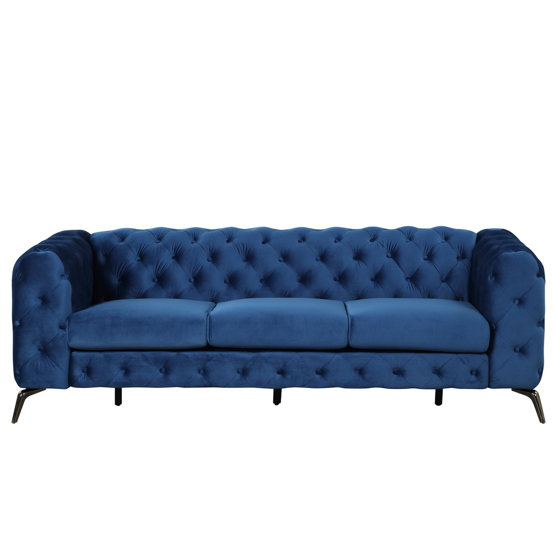 Boho Aesthetic 85.5" Velvet Upholstered Sofa with Sturdy Metal Legs,Modern Sofa Couch with Button Tufted Back, 3 Seater Sofa Couch for Living Room,Apartment,Home Office,Blue | Biophilic Design Airbnb Decor Furniture 