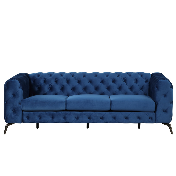 Boho Aesthetic 85.5" Velvet Upholstered Sofa with Sturdy Metal Legs,Modern Sofa Couch with Button Tufted Back, 3 Seater Sofa Couch for Living Room,Apartment,Home Office,Blue | Biophilic Design Airbnb Decor Furniture 