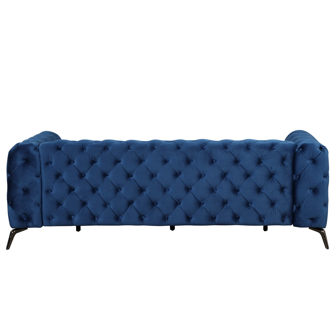 Boho Aesthetic 85.5" Velvet Upholstered Sofa with Sturdy Metal Legs,Modern Sofa Couch with Button Tufted Back, 3 Seater Sofa Couch for Living Room,Apartment,Home Office,Blue | Biophilic Design Airbnb Decor Furniture 