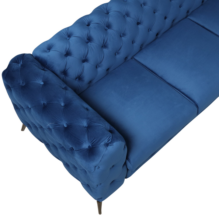 Boho Aesthetic 85.5" Velvet Upholstered Sofa with Sturdy Metal Legs,Modern Sofa Couch with Button Tufted Back, 3 Seater Sofa Couch for Living Room,Apartment,Home Office,Blue | Biophilic Design Airbnb Decor Furniture 