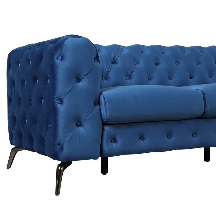 Boho Aesthetic 85.5" Velvet Upholstered Sofa with Sturdy Metal Legs,Modern Sofa Couch with Button Tufted Back, 3 Seater Sofa Couch for Living Room,Apartment,Home Office,Blue | Biophilic Design Airbnb Decor Furniture 