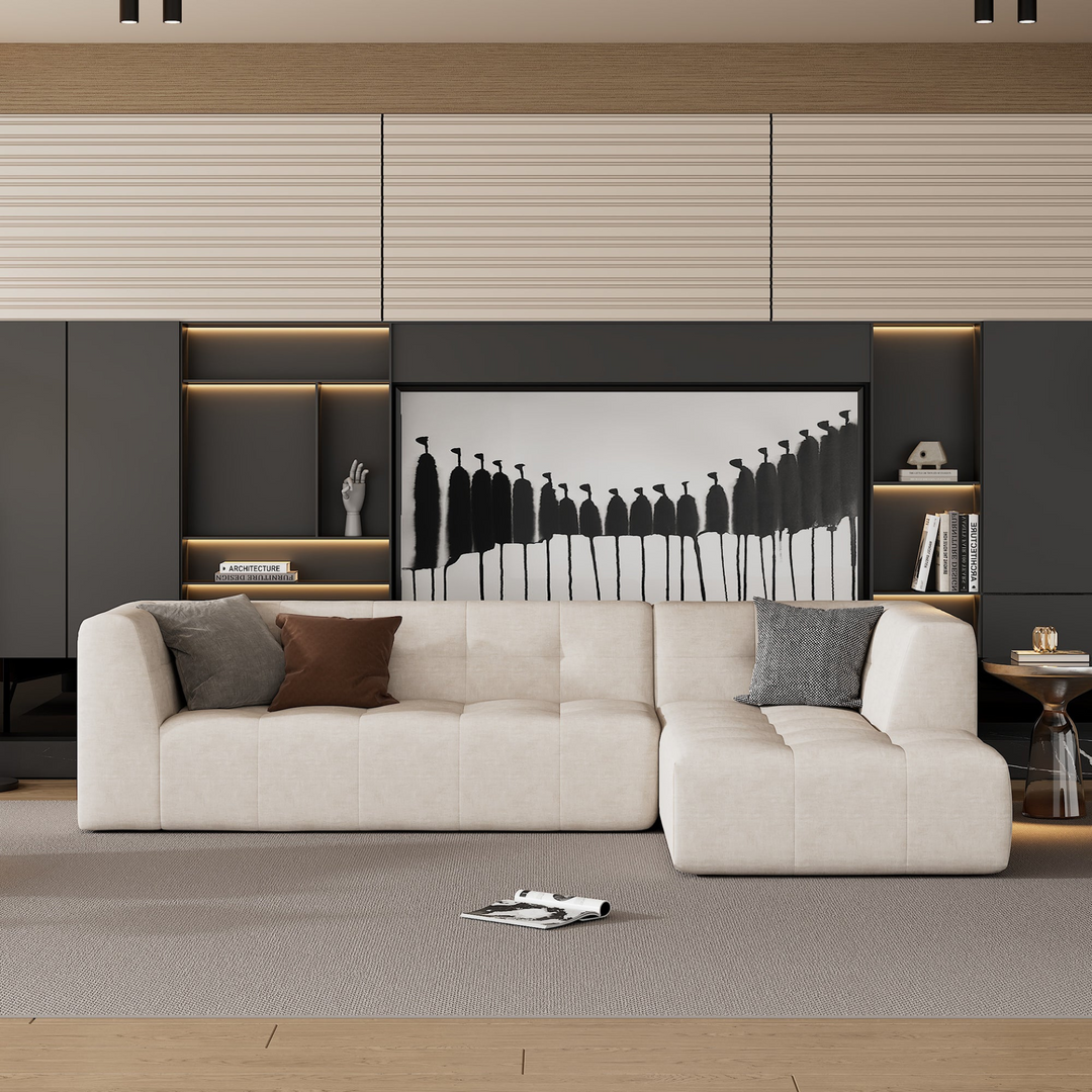 Boho Aesthetic Beige Modern Italian Luxury Bubble Fluff Upholstered Sofa Couch | Biophilic Design Airbnb Decor Furniture 