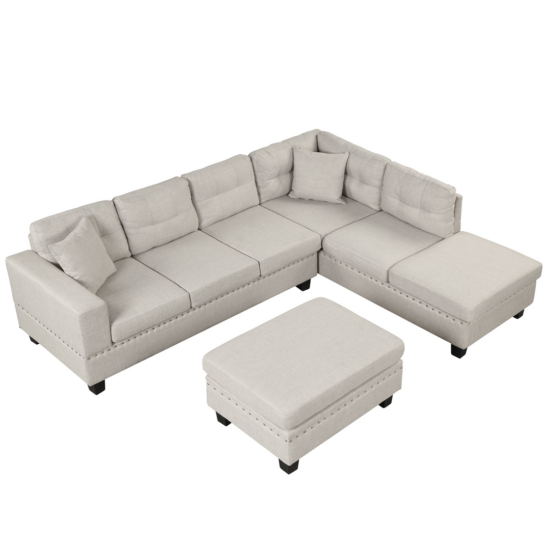 Boho Aesthetic 104.5" Modern Sectional Sofa with Storage Ottoman, L-Shape Couch with 2 Pillows and Cup Holder,Sectional Sofa with Reversible Chaise for Living Room,Light Gray | Biophilic Design Airbnb Decor Furniture 