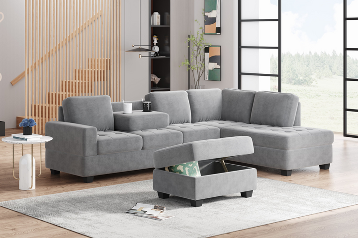 Boho Aesthetic Modern Sectional Sofa with Reversible Chaise, L Shaped  Couch Set with Storage Ottoman and Two Cup Holders for Living Room | Biophilic Design Airbnb Decor Furniture 