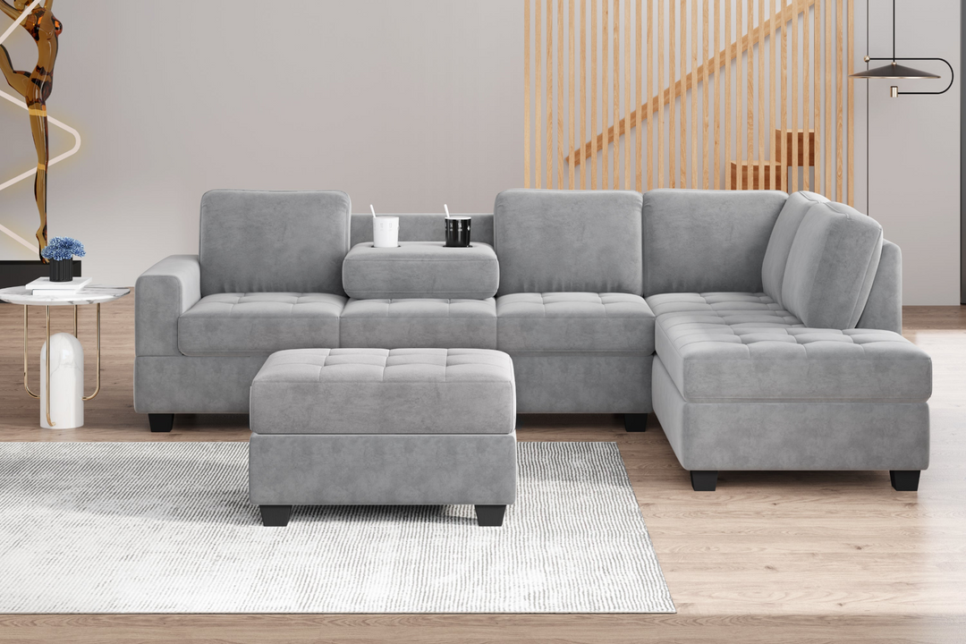 Boho Aesthetic Modern Sectional Sofa with Reversible Chaise, L Shaped  Couch Set with Storage Ottoman and Two Cup Holders for Living Room | Biophilic Design Airbnb Decor Furniture 