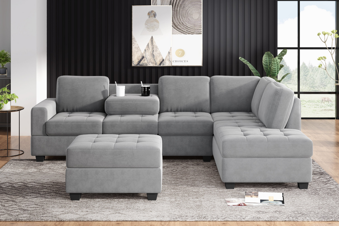 Boho Aesthetic Modern Sectional Sofa with Reversible Chaise, L Shaped  Couch Set with Storage Ottoman and Two Cup Holders for Living Room | Biophilic Design Airbnb Decor Furniture 