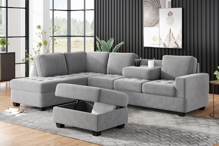 Boho Aesthetic Modern Sectional Sofa with Reversible Chaise, L Shaped  Couch Set with Storage Ottoman and Two Cup Holders for Living Room | Biophilic Design Airbnb Decor Furniture 