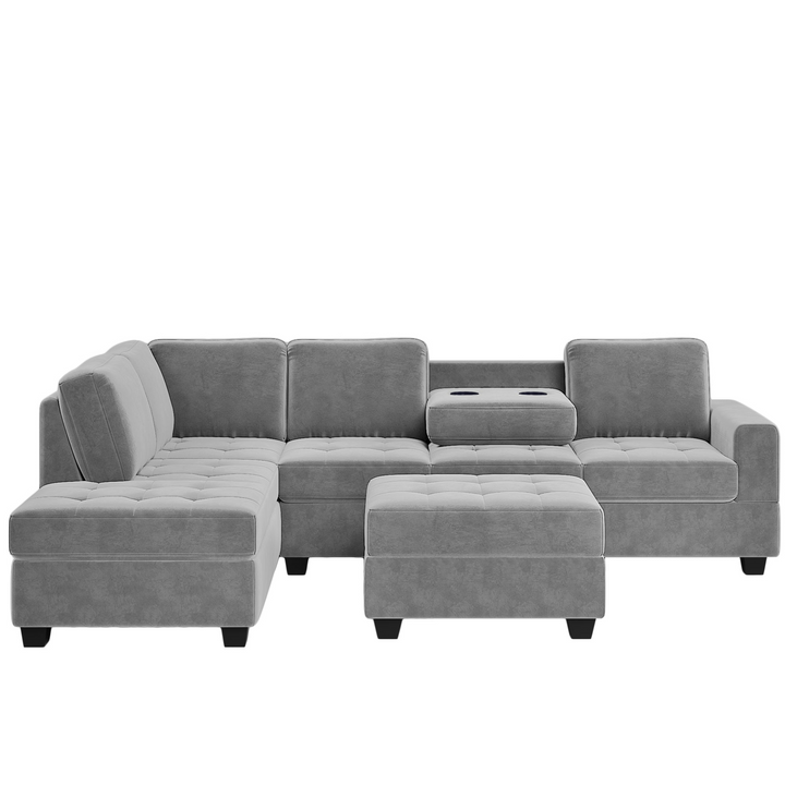 Boho Aesthetic Modern Sectional Sofa with Reversible Chaise, L Shaped  Couch Set with Storage Ottoman and Two Cup Holders for Living Room | Biophilic Design Airbnb Decor Furniture 