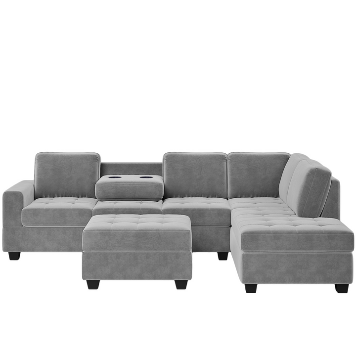 Boho Aesthetic Modern Sectional Sofa with Reversible Chaise, L Shaped  Couch Set with Storage Ottoman and Two Cup Holders for Living Room | Biophilic Design Airbnb Decor Furniture 