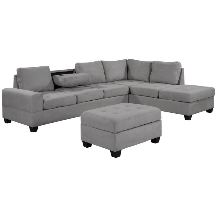 Boho Aesthetic Modern Sectional Sofa with Reversible Chaise, L Shaped  Couch Set with Storage Ottoman and Two Cup Holders for Living Room | Biophilic Design Airbnb Decor Furniture 