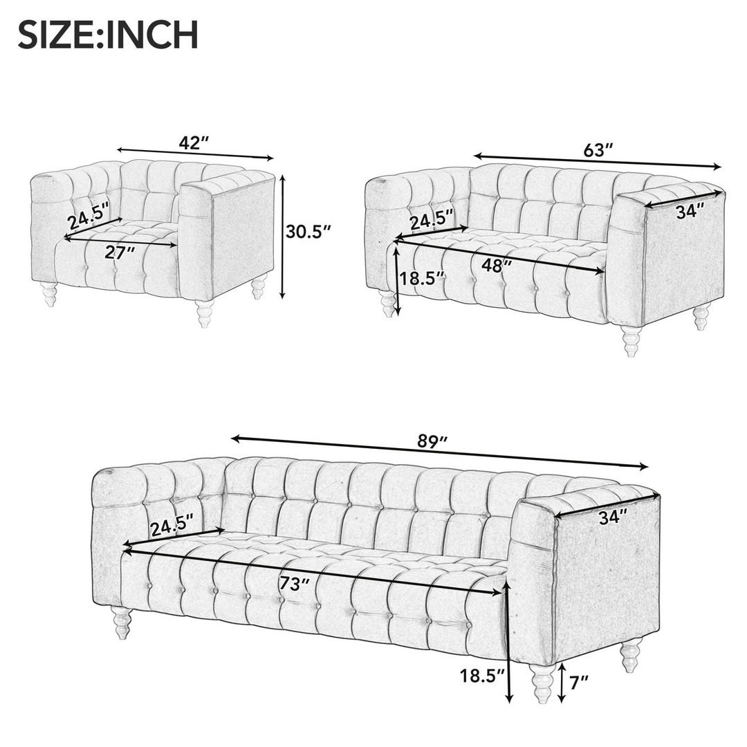 Boho Aesthetic Modern 3-piece sofa set with solid wood legs, buttoned tufted backrest, Dutch fleece upholstered sofa set including three-seater sofa, double seat and living room furniture set single chair, blue | Biophilic Design Airbnb Decor Furniture 