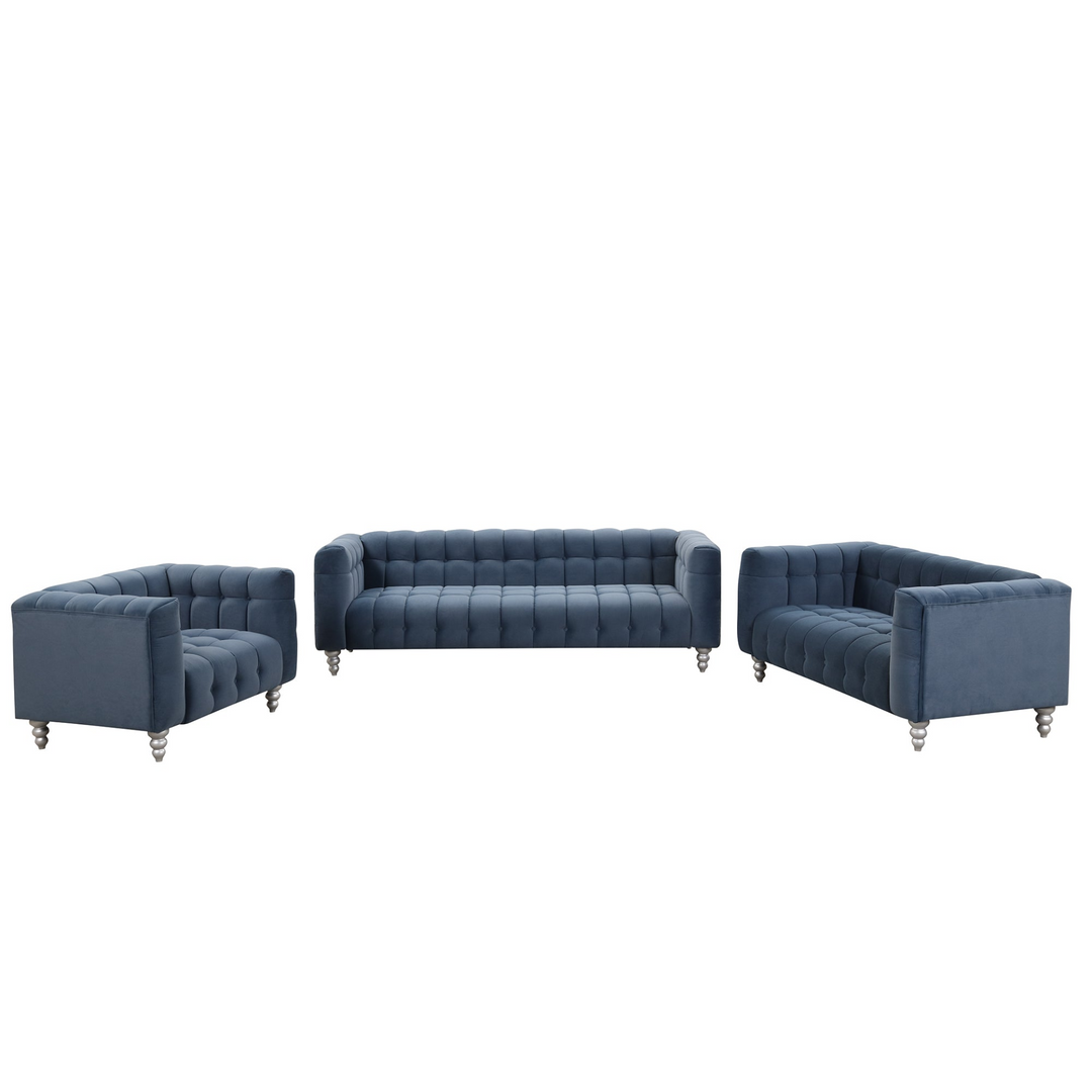 Boho Aesthetic Modern 3-piece sofa set with solid wood legs, buttoned tufted backrest, Dutch fleece upholstered sofa set including three-seater sofa, double seat and living room furniture set single chair, blue | Biophilic Design Airbnb Decor Furniture 