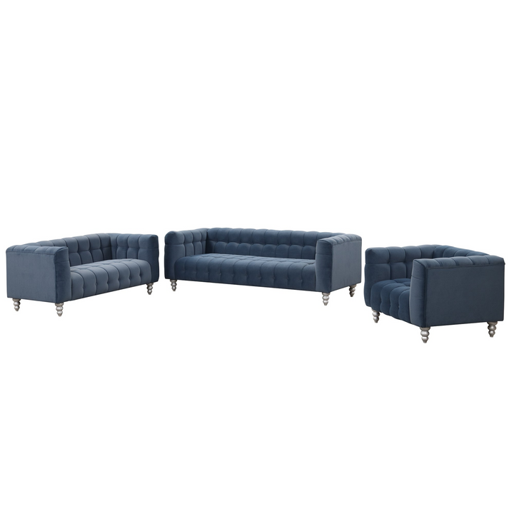 Boho Aesthetic Modern 3-piece sofa set with solid wood legs, buttoned tufted backrest, Dutch fleece upholstered sofa set including three-seater sofa, double seat and living room furniture set single chair, blue | Biophilic Design Airbnb Decor Furniture 