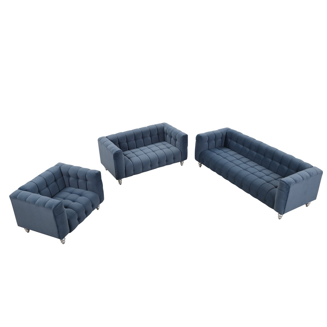 Boho Aesthetic Modern 3-piece sofa set with solid wood legs, buttoned tufted backrest, Dutch fleece upholstered sofa set including three-seater sofa, double seat and living room furniture set single chair, blue | Biophilic Design Airbnb Decor Furniture 