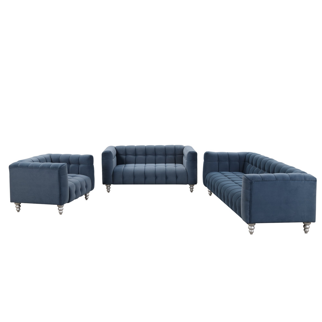 Boho Aesthetic Modern 3-piece sofa set with solid wood legs, buttoned tufted backrest, Dutch fleece upholstered sofa set including three-seater sofa, double seat and living room furniture set single chair, blue | Biophilic Design Airbnb Decor Furniture 