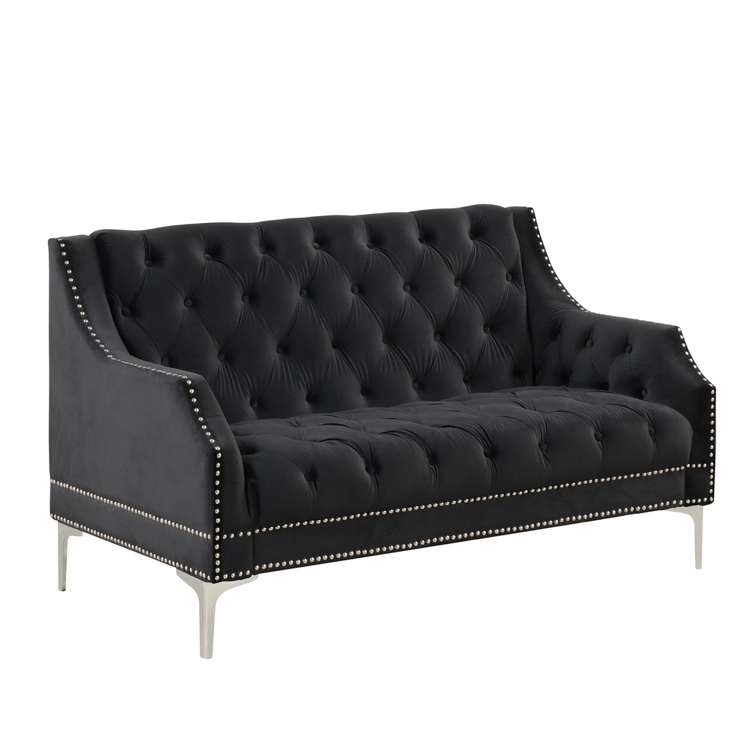 Boho Aesthetic 55.5" Modern Sofa Dutch Plush Upholstered Sofa with Metal Legs, Button Tufted Back Black | Biophilic Design Airbnb Decor Furniture 