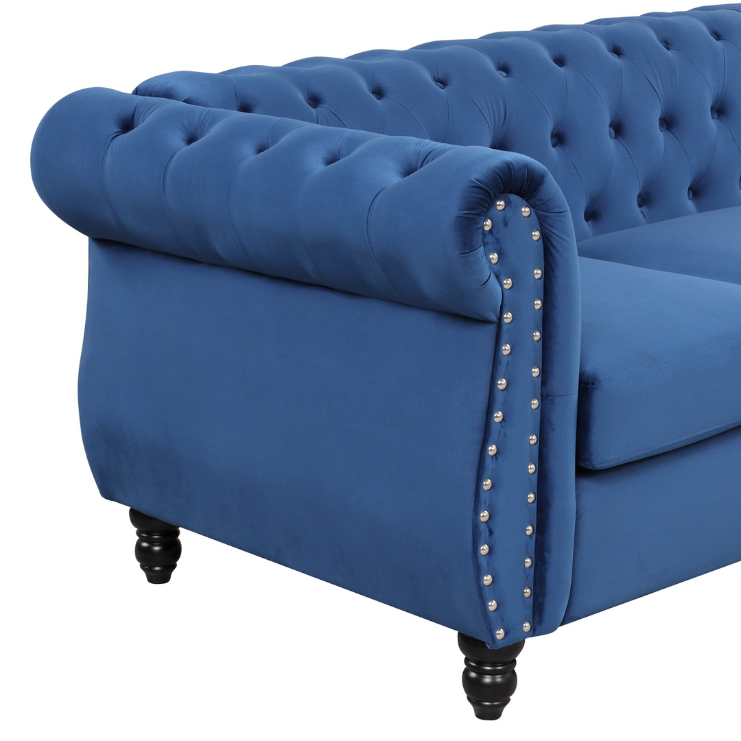 Boho Aesthetic 60" modern sofa Dutch plush upholstered sofa, solid wood legs, buttoned tufted backrest, blue | Biophilic Design Airbnb Decor Furniture 