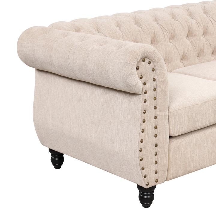 Boho Aesthetic 60" modern sofa Dutch plush upholstered sofa, solid wood legs, buttoned tufted backrest, beige | Biophilic Design Airbnb Decor Furniture 