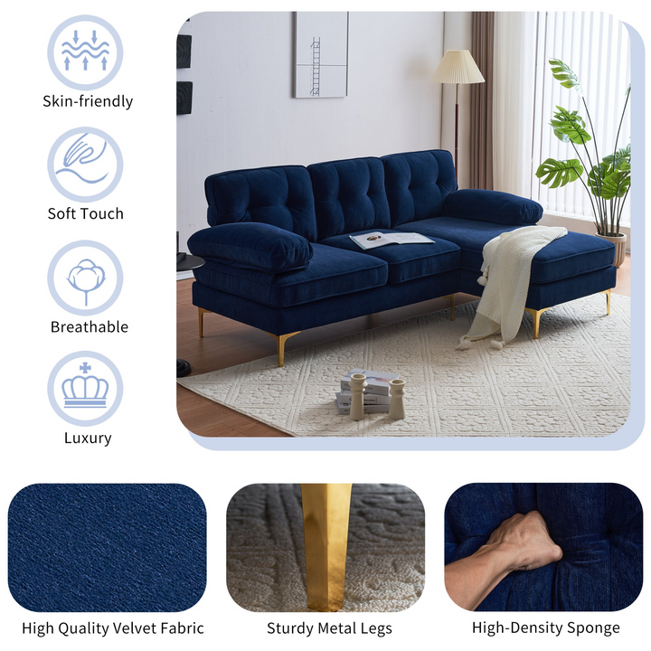 Boho Aesthetic 83" Modern Sectional Sofas Couches Velvet L Shaped Couches for Living Room, Bedroom, Blue | Biophilic Design Airbnb Decor Furniture 